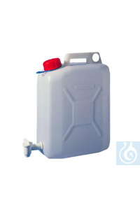 Jerrycans avec robinet 10 L, HDPE, 150 x 250 x H 360 mm, ouverture 46 mm.  Jerrycans avec robinet...